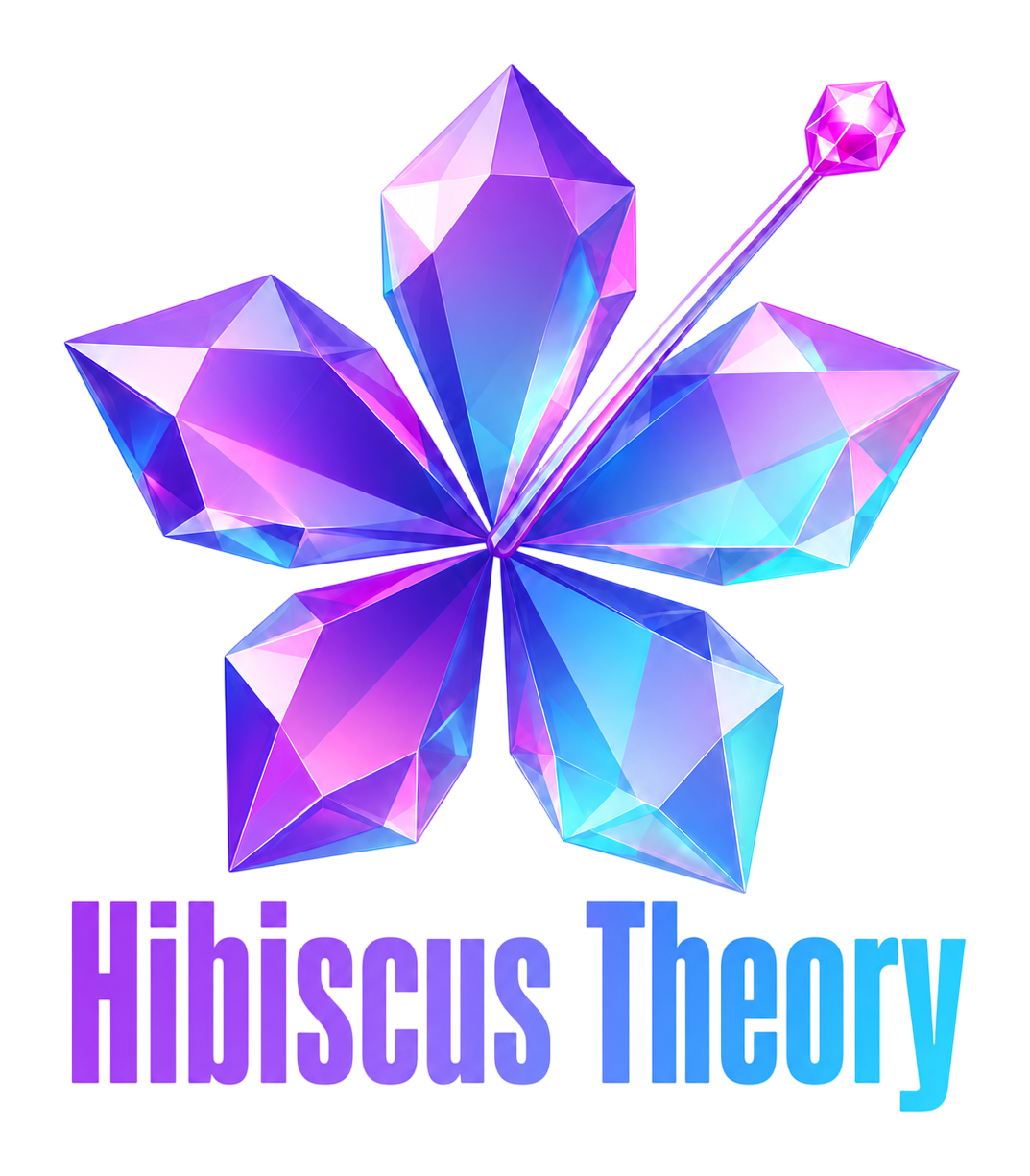 The stacked lockup: the crystal mark above our name in a violet to cyan gradient
