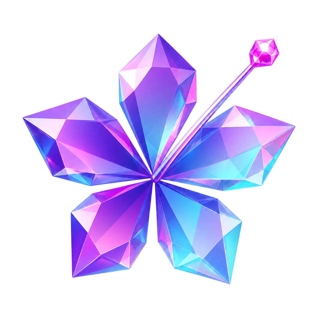 The Hibiscus Theory mark: a five-petalled hibiscus cut from violet and cyan crystal